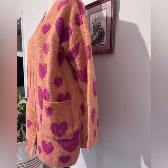 Maeve by Anthropologie Pink and Orange Hearts Sweater XS/S Oversized open front - Picture 5 of 7